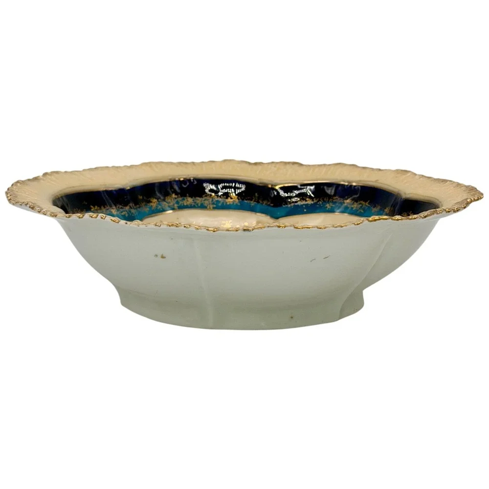 Antique Porcelain Floral Serving Bowl Cobalt‎ Blue Gold Gilt Scalloped Rim 10in